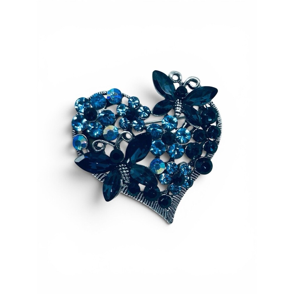 Blue Rhinestone Heart Butterfly Brooch Pin Silver Tone‎ AB Crystal